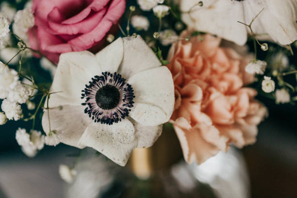 istock Close up spring flower arrangement against teal cloth backdrop 1368800803