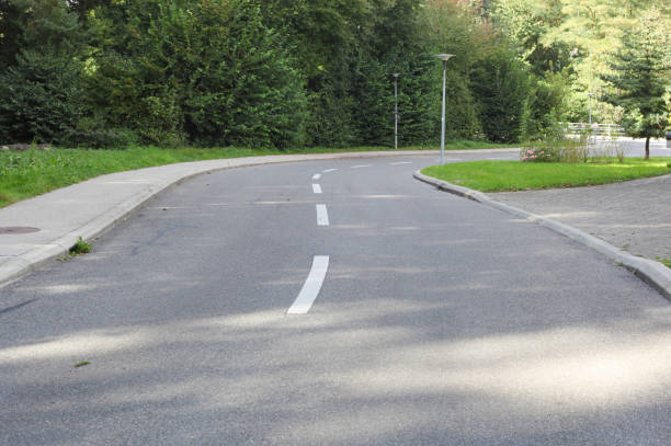 istock Asphalt road in the park turning right 1368802371