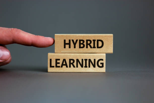 istock Hybrid learning symbol. Concept words 'Hybrid learning' on wooden blocks on a beautiful grey background. Businessman hand. . Business, educational and hybrid learning concept, copy space. 1368802390