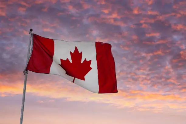 Flag of Canada flying on a pole against a sunrise background.