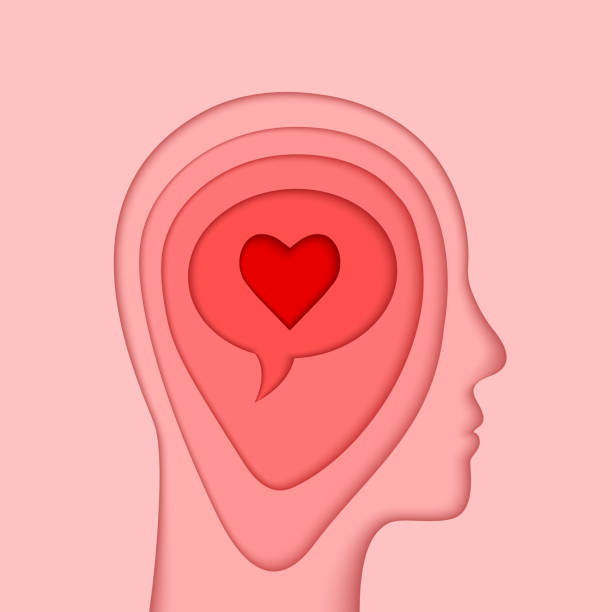 stockillustraties, clipart, cartoons en iconen met head, brain and heart as emotional intelligence, positive thinking, mental health or self love related concept in paper cut art - self love