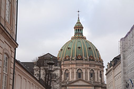 The green dome of the cathedral Marmorkirken (The Marble Church) in Copenhagen Denmark