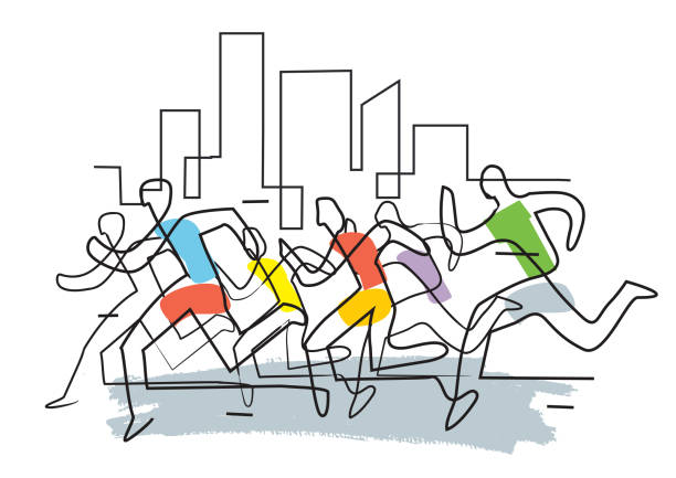 Running race marathon,line art stylized Colorful lineart stylized illustration of running racers in a city. Vector available. marathon stock illustrations