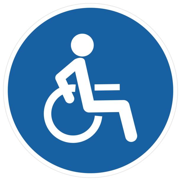 illustrazioni stock, clip art, cartoni animati e icone di tendenza di percorso per sedie a rotelle, segnaletica stradale, cornice circolare blu, eps. - disabled accessible boarding sign