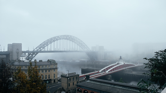 View of the Tyne and Swing Bridge in the fog