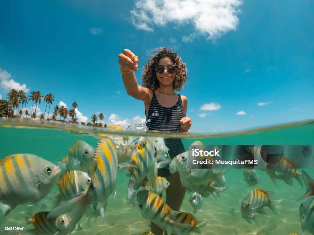 Young woman feeding fish on tropical beach Brazilian tourism at Porto de Galinhas beach in Pernambuco Beach Stock Photo