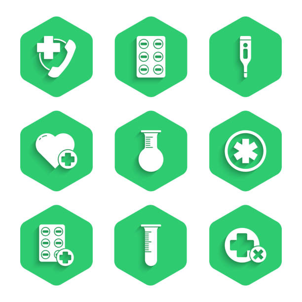 Set Test tube and flask, Cross hospital medical, Medical symbol of the Emergency, Pills in blister pack, Heart with cross, digital thermometer and phone call to icon. Vector Set Test tube and flask Cross hospital medical Medical symbol of the Emergency Pills in blister pack Heart with cross digital thermometer and phone call to icon. Vector. vet lab test stock illustrations