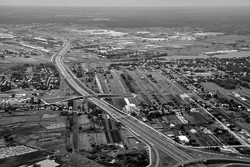 Aerial view of the highway in Poland, monochrome