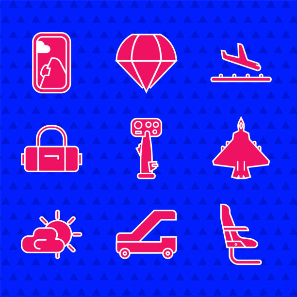 istock Set Aircraft steering helm, Passenger ladder for plane boarding, Airplane seat, Jet fighter, Sun and cloud weather, Suitcase, Plane landing and window icon. Vector 1368810891