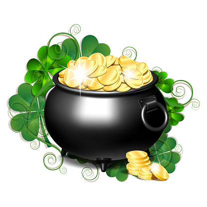 Black iron cauldron full of gold coins isolated on white background. Stack of gold coins near the black pot. St. Patricks Day symbol. Vector illustration.