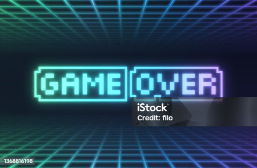 istock Game Over Digital Video Game End Screen Design Background 1368816198