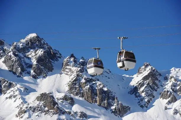 Vintage ski gondolas over ski resort Courchevel
