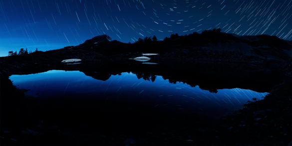 wilderness mountain lake with starry sky, panoramic frame