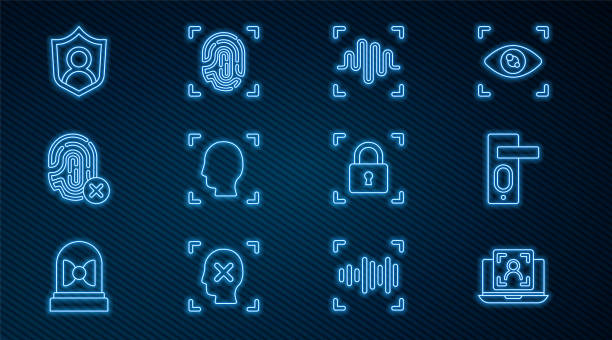 istock Set line Laptop with face recognition, Fingerprint door lock, Voice, Face, Rejection fingerprint, User protection, and icon. Vector 1368820197