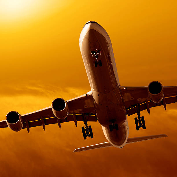 istock jet airplane landing at sunset 136882087