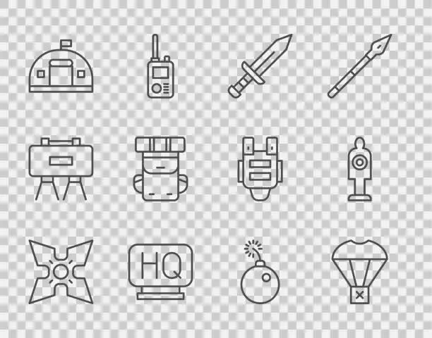 Vector illustration of Set line Japanese ninja shuriken, Box flying on parachute, Sword, Military headquarters, barracks, Hiking backpack, Bomb ready to explode and Human target sport for shooting icon. Vector