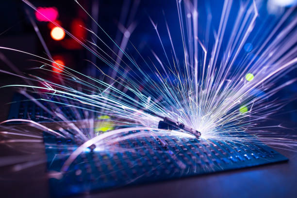istock Microcircuit for TFT with wires sparkles with electric sparks 1368822147