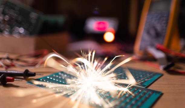 istock Microcircuit for TFT with wires sparkles with electric sparks 1368822236