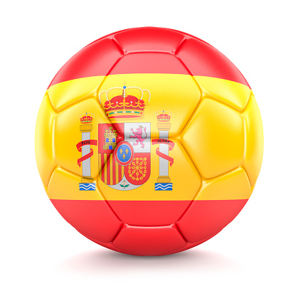 Leather Soccer Ball with Flag of Spain isolated on white background. 3D Illustration