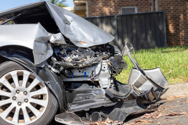 istock Closeup side view of crashed car, background with copy sapce 1368824716