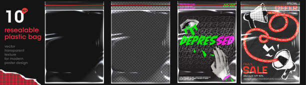 포스터 디자인을 위한 현대적인 지퍼록 텍스처. 펑크 팝 아트 스타일의 투명 플라스틱 전단지와 두 개의 전단지. 벡터 세련된 모형. - punk stock illustrations