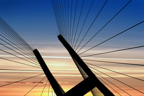 suspension bridge tower in close-up silhouette at dusk (XXL)