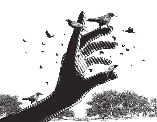 Vector illustration of Crows perching on a hand