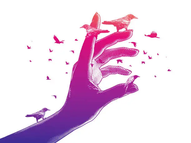 Vector illustration of Crows perching on a hand