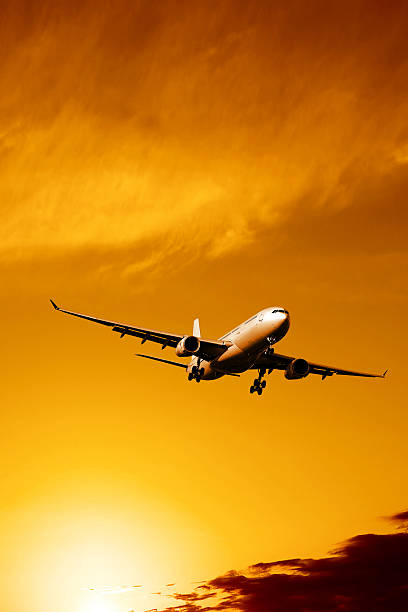 istock jet airplane landing at sunset 136882693