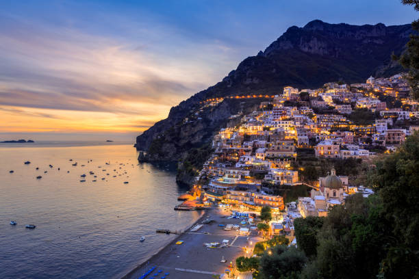 istock Positano panoramic view from above at dusk, italian coast town 1368827155
