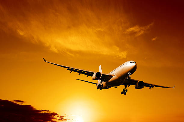 istock jet airplane landing at sunset 136882725