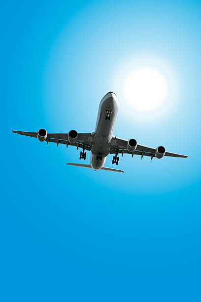 jet airplane landing in bright sunny sky, vertical frame (XXL)