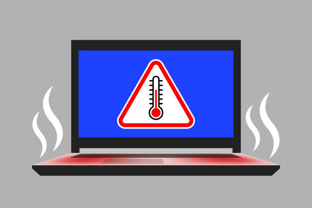 Laptop, warning sign with thermometer icon inside and hot steam vector art illustration