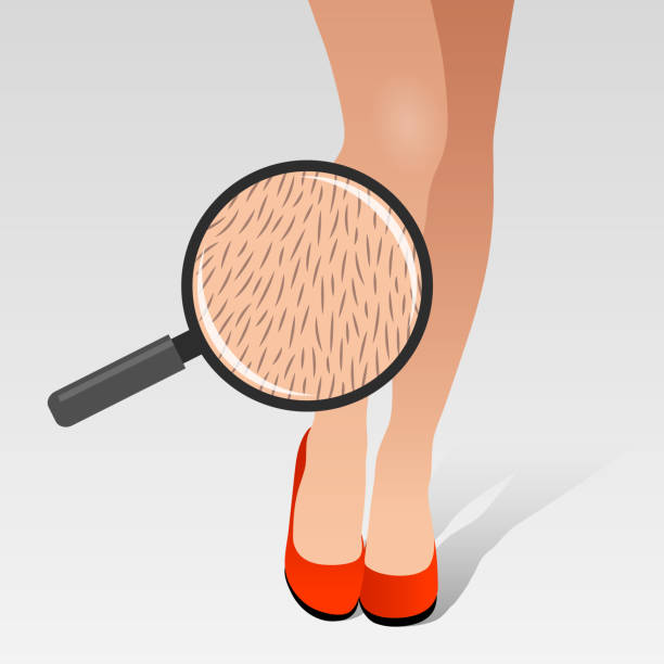 Beautiful woman's legs and hair seen through magnifying glass Beautiful woman's legs and hair seen through magnifying glass. Concept of fashion and beauty trends and standards, body positivity, hairy unshaved body parts body hair stock illustrations