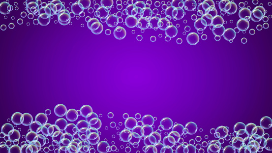 Bathtub foam. Detergent soap bubble and suds for bath. Shampoo. 3d vector illustration invite. Vibrant fizz and splash. Realistic water frame and border. Purple colorful liquid bathtub foam.