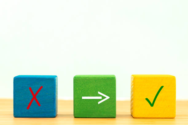 istock real and false symbols on colored wooden blocks, Creative concept, accept rejected for evaluation, yes or no 1368837143