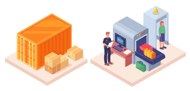 Customs authority concept Customs authority. Employee checks luggage and determines rates for taxes. Export and import of goods. Customs control at border. Cartoon isometric vector illustration isolated on white background tax borders stock illustrations