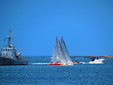 Punta del Este, Uruguay - January 18, 2018. Yachts, ships and sailing boats on the blue sea.