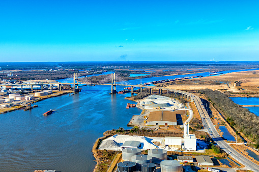 The Cochran-Africatown USA Bridge crossing the Mobile River located just north of downtown Mobile, Alabama shot from an altitude of about 500 feet during a helicopter photo flight of the region.