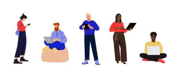 Vector illustration of Set of people using different gadgets