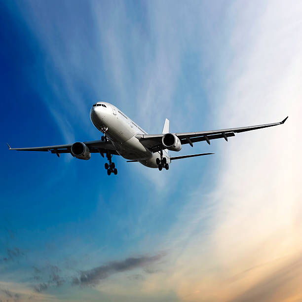 istock jet airplane landing at dusk 136884394
