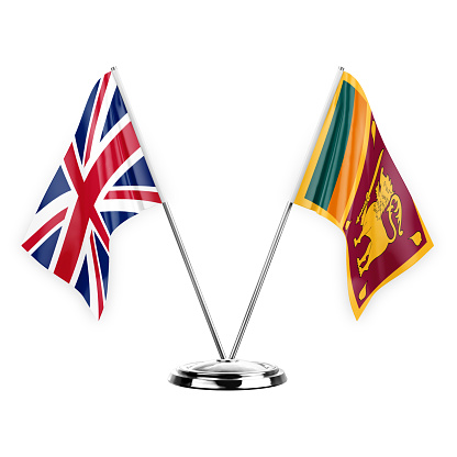 Two table flags isolated on white background 3d illustration, united kingdom and sri lanka