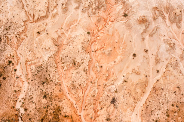 D Mungo dry creek top down Dry lakebed of Lake Mungo national park in Australian outback - aerial top down landscape. lakebed stock pictures, royalty-free photos & images