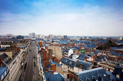 Orleans cityscape from Martroi square to rue de la Republique with tram lanes