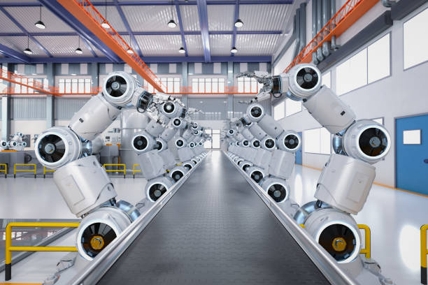 istock Automation industry concept with 3d rendering robot assembly line 1368847941