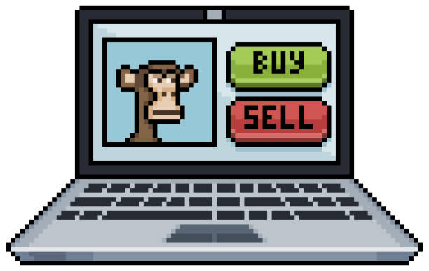 Pixel art buy and sell NFT monkey vector icon for 8bit game Pixel art buy and sell NFT monkey by computer vector icon for 8bit game on white background non fungible token stock illustrations