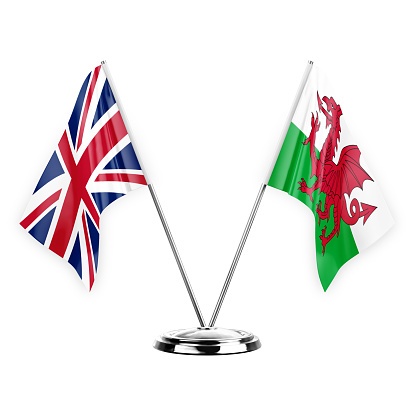 Two table flags isolated on white background 3d illustration, united kingdom and wales