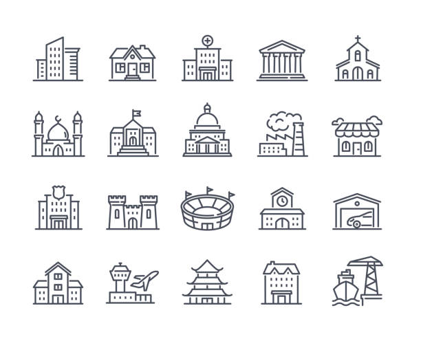ilustraciones, imágenes clip art, dibujos animados e iconos de stock de conjunto simple de iconos con edificios en estilo lineal - palace