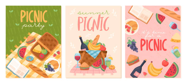 Set of Summer picnic poster Set of Summer picnic poster. Colorful postcards with vegetable, fruit, drink and tablecloth for lunch in forest or in park. Greeting cards. Cartoon flat vector collection isolated on white background picnic stock illustrations
