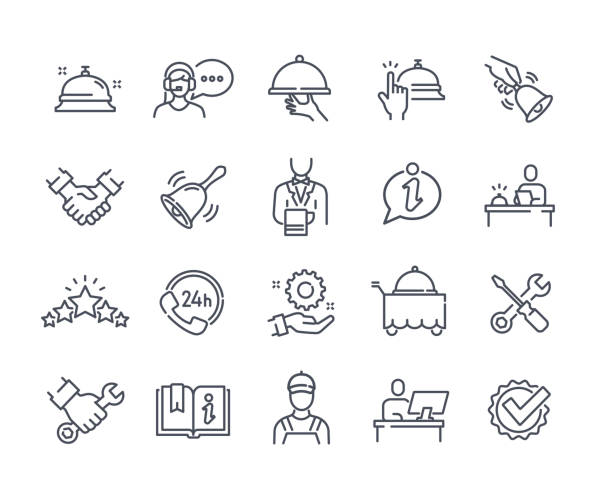 ilustraciones, imágenes clip art, dibujos animados e iconos de stock de conjunto simple de iconos con servicio y mantenimiento - conserje